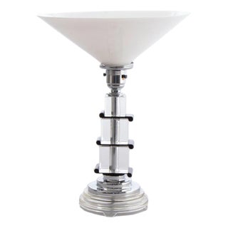 Art Deco Table Lamp on Stepped Glass Base with Original Opal Glass Coolie Shade For Sale
