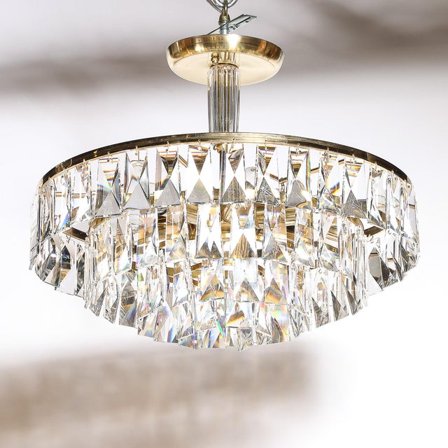 Transparent Mid-Century 3-Tier Faceted & Cut Crystal Chandelier in Brass W/ Glass Rod Detail For Sale - Image 8 of 18