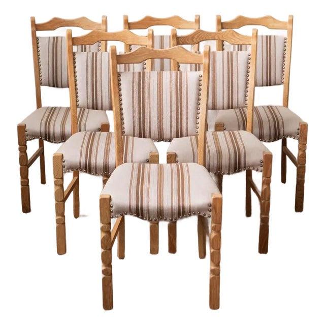 1970s Henning Kjaernfulf Style Danish Oak Dining Chairs With Wool Upholstery - Set of 6 For Sale
