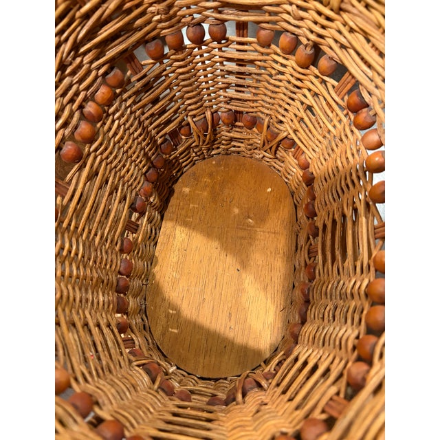 Vintage 1970s Woven Wicker Basket With Wood Bead Detail & Handle For Sale - Image 10 of 14
