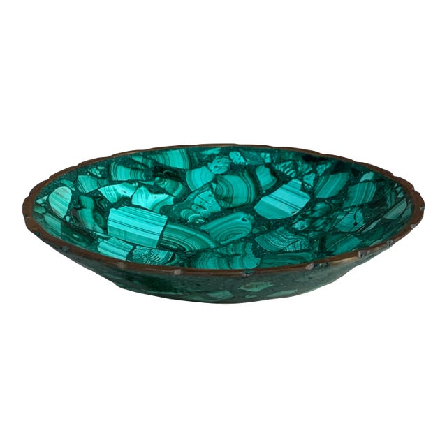 Vintage Malachite Brass Rimmed Bowl For Sale