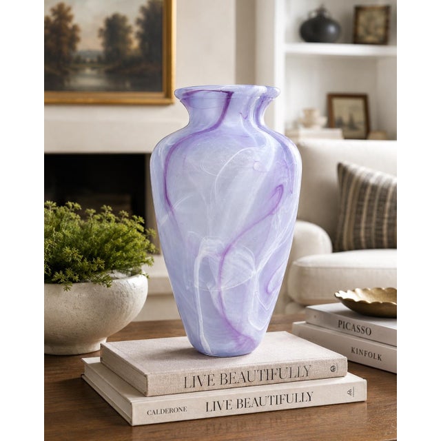Contemporary Vintage Hand-Blown Lavender Swirl Art Glass Vase | 12” Opalescent Studio Glass Sculptural Vessel For Sale - Image 3 of 3