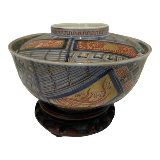 Japanese Antique Meiji Fuki Choshun Hand Painted Porcelain Rice Bowl With Cover and Wood Carved Stand For Sale