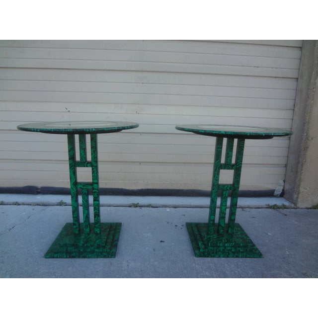 Pair Of Vintage Faux Malachite Tables. This Stylish Pair Of Modernist Style Side Tables, Drink Tables, Gueridons Or...
