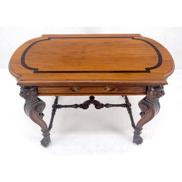 Carved Lion Face & Foot Legs Renaissance Revival Inlaid Walnut Center Table MINT