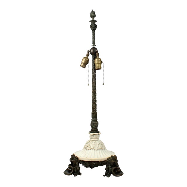 Antique E. F. Caldwell Bronze and Marble Table Lamp with Figural Greek Mask Feet For Sale