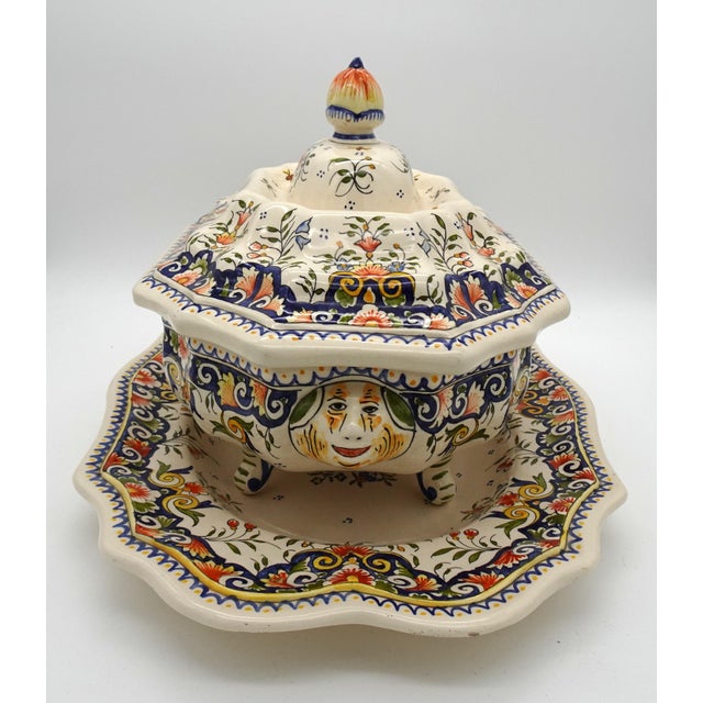Large Vintage Hand Painted French Vieux Rouen Tureen with Charger, 1930s For Sale - Image 14 of 18