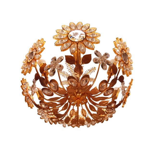 Metal Large Floral Chandelier in Brass and Crystal Glass by Ernst Palme for Palwa, 1970s For Sale - Image 7 of 9