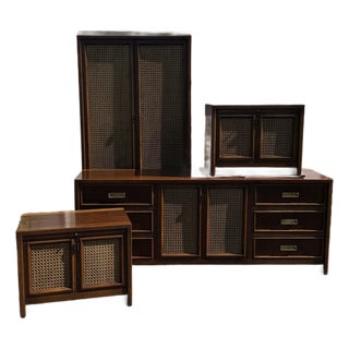 John Stuart Mid-Century Modern Walnut & Cane 4-Piece Bedroom Suite For Sale