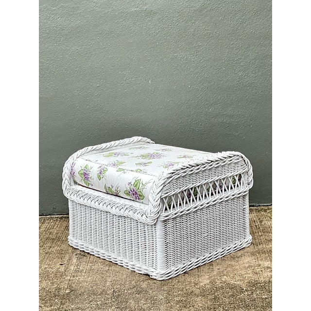 Wood Vintage Braided White Rattan Ottoman For Sale - Image 7 of 12