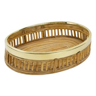 Rattan Bamboo Wicker and Brass Bowl Basket Centerpiece, Italy 1960s For Sale