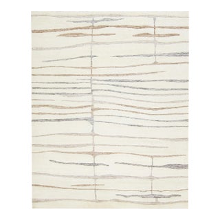 Ivory Modern Moroccan-Style Wool Rug Handmade With a Striped Design by Apadana For Sale