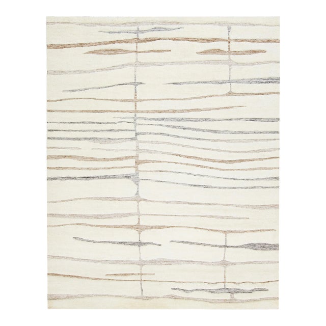 Ivory Modern Moroccan-Style Wool Rug Handmade With a Striped Design by Apadana For Sale
