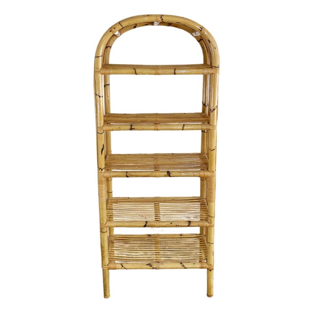 Vintage Italian Scorched Rattan Etagere Shelf Unit For Sale