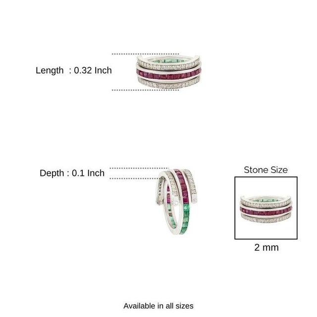 Natural Emerald Ruby Diamond Multi-Stone Spinner Band Ring in 925 Silver, Size 6 For Sale - Image 11 of 13