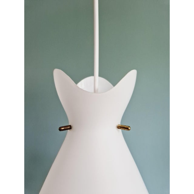 Metal Scandinavian Pendant Lights in White Satin Glass and Brass, 1960s, Set of 3 For Sale - Image 7 of 18