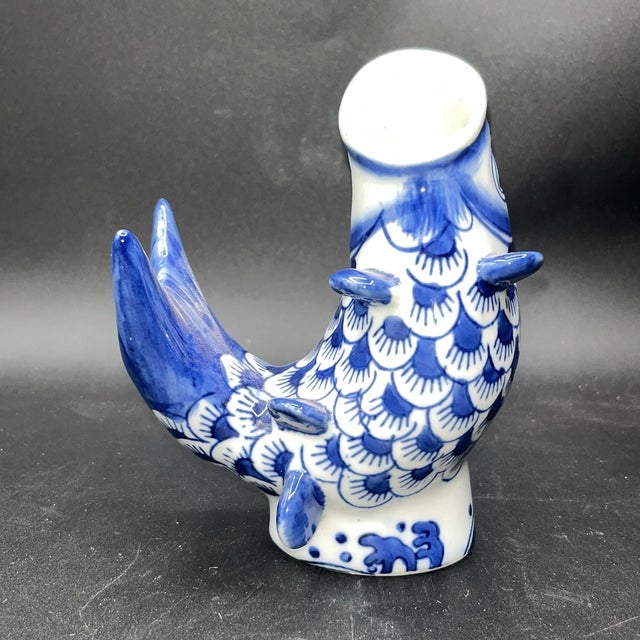Vintage MCM Blue White Chinese Porcelain Koi Open Mouth Fish Vase For Sale - Image 4 of 6
