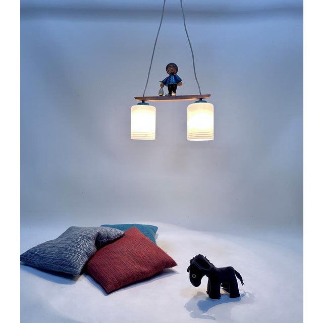 Wood Handcrafted 2-Light Hanging Lamp with Folk Art Sandman Figurine from Erzgebirge, Germany, 1950s For Sale - Image 7 of 15