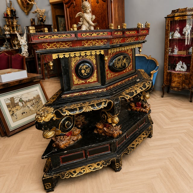China, circa 1800: a very large offering altar in the shape of a "chanab," crafted from lacquer, gilded wood, and...