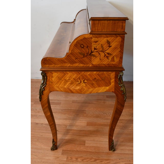 1930s French Louis XV Satinwood Floral Inlay Cylinder Secretary Writing Desk For Sale - Image 17 of 18