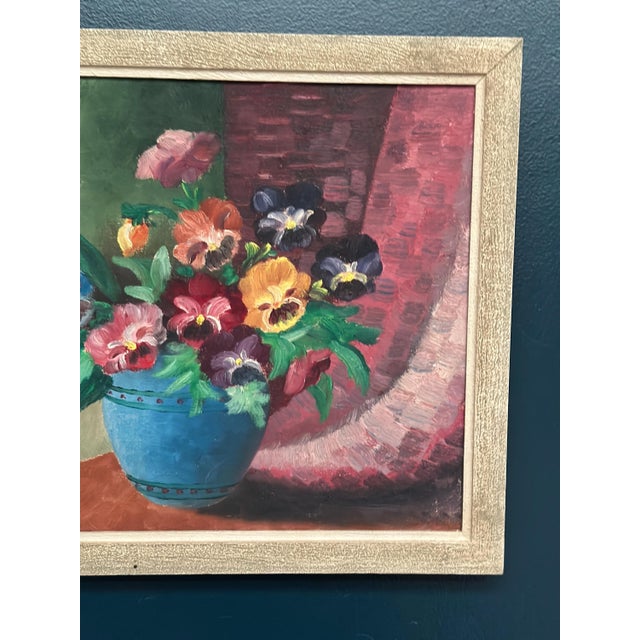 G. Stränz, Pansies in Blue Vase, 1960s, Oil Painting on Canvas, Framed For Sale - Image 13 of 17