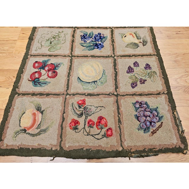 Textile Vintage American Hand Hooked Rug, Fruit Blocks Pattern, Folk Art Tapestry, 2x4 For Sale - Image 7 of 12