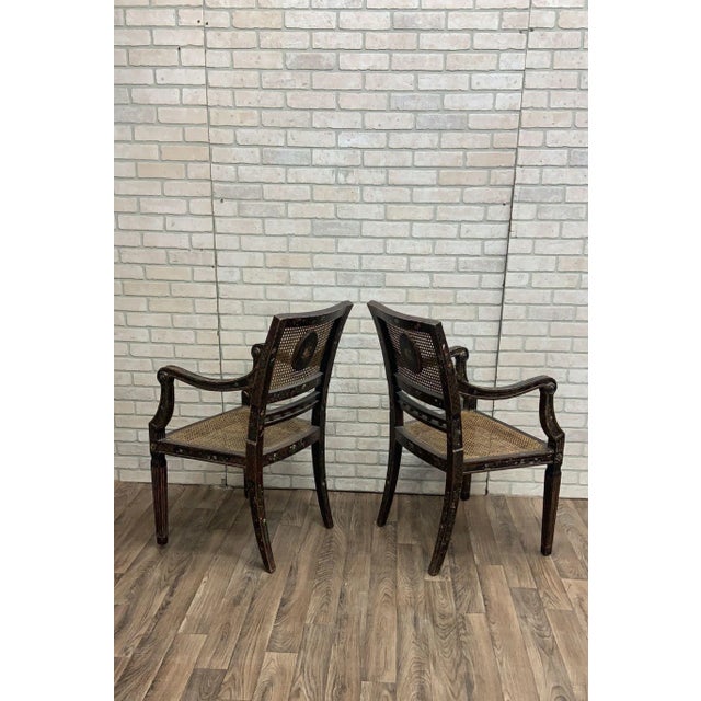 Late 19th Century Antique English Regency Hand-Painted Cane-Back Medallion Armchairs - Pair For Sale - Image 5 of 11