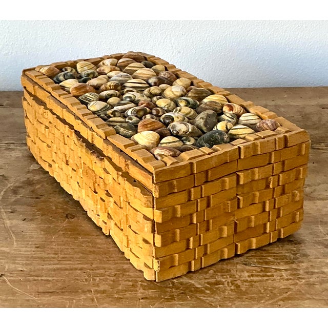 Wood Vintage Boho Shell Encrusted Wood Box For Sale - Image 7 of 8