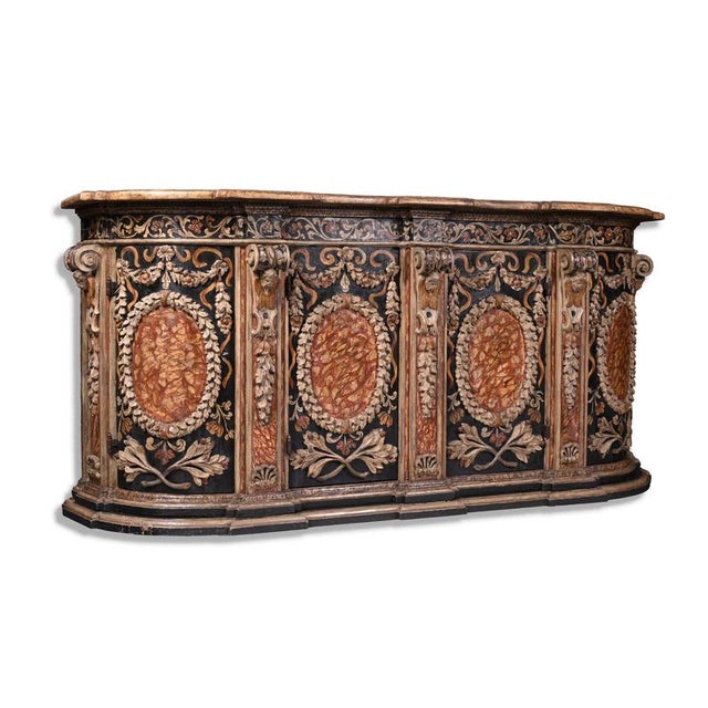 Stately sideboard – Venetian Baroque, circa 1720/1730, made of carved and polychromatic wood with a marble-effect finish,...