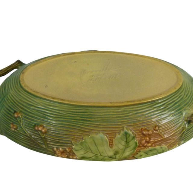 Vintage 1940s Roseville Pottery "Bushberry" Green Console Bowl Shape 417-14" For Sale - Image 11 of 12