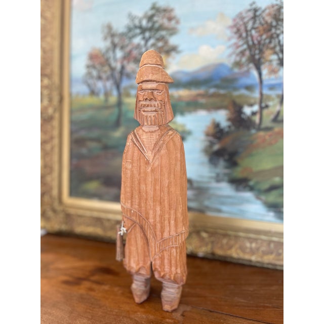 Folk Art Hand-Carved Vintage Folk Art Wood Figure of Bearded Man With Hat and Carrying a Carved Object. For Sale - Image 3 of 9