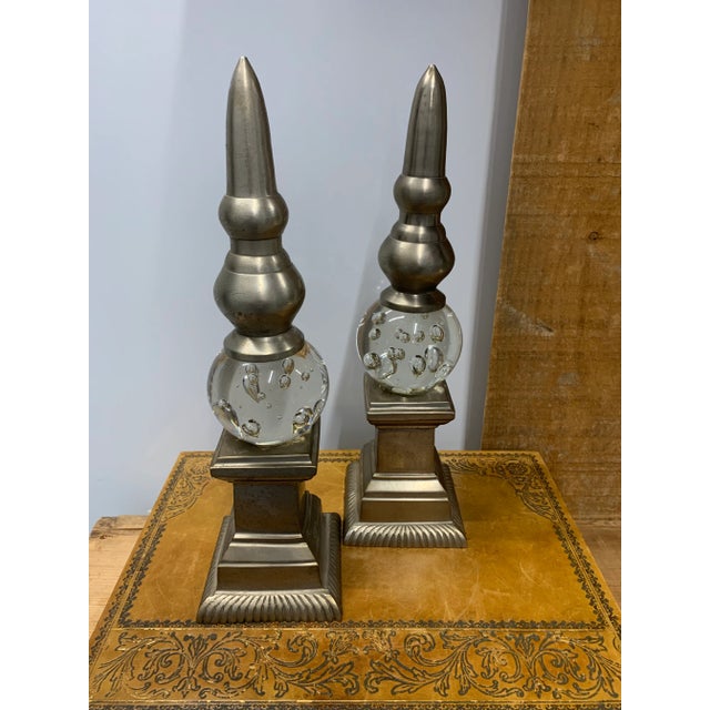 Pair of Bubble Glass & Metal Obelisk