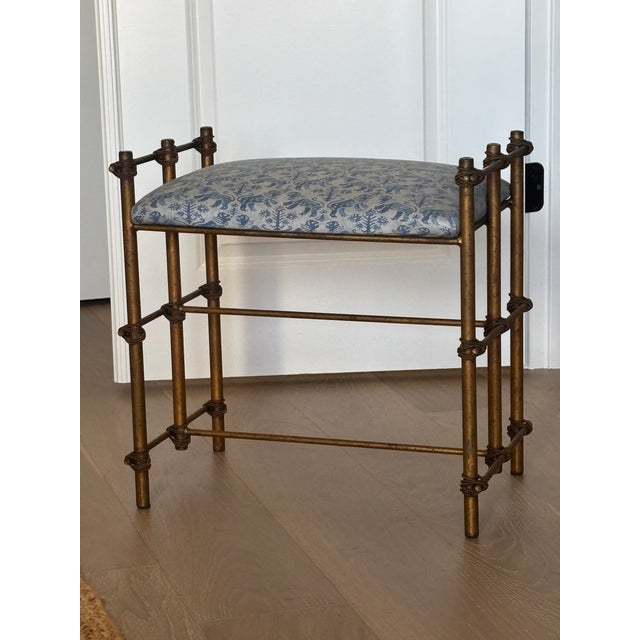 Vintage Gilt Rope Metal Vanity Stool in Fortuny Richelieu Fabric For Sale - Image 17 of 18