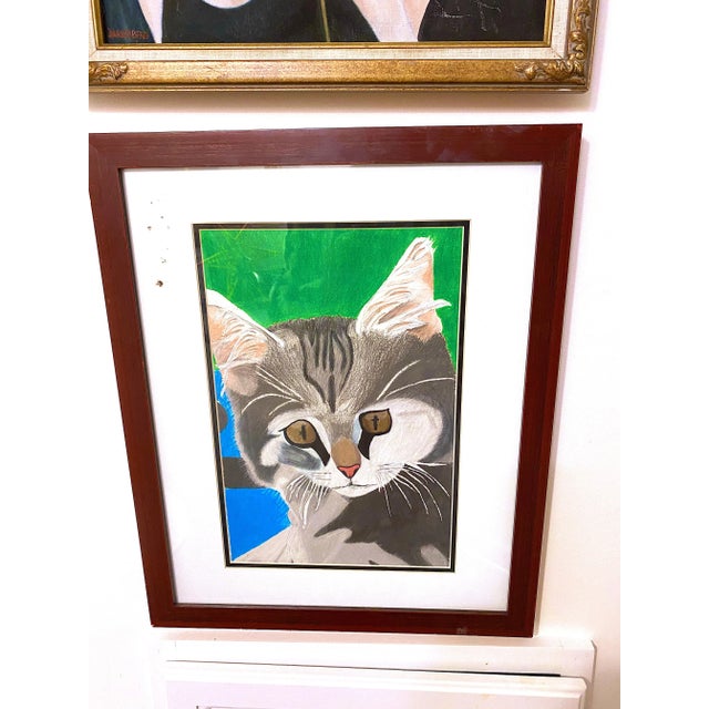 Green Vintage Cat Portrait Professionally Framed For Sale - Image 8 of 8