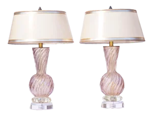 Vintage Italian Murano Lavender Lamps With Lucite Bases