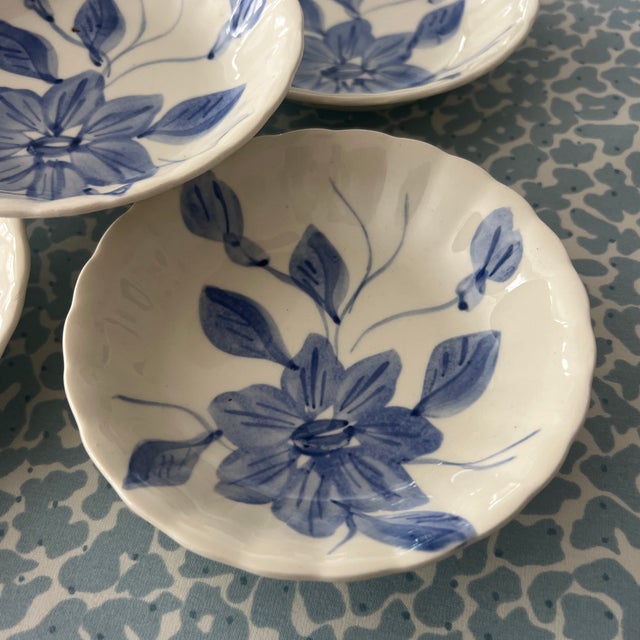 Antique Blue Ridge Southern Potteries Hand Painted Blue and White Flower Small Bowls - Set of 6 For Sale - Image 4 of 5