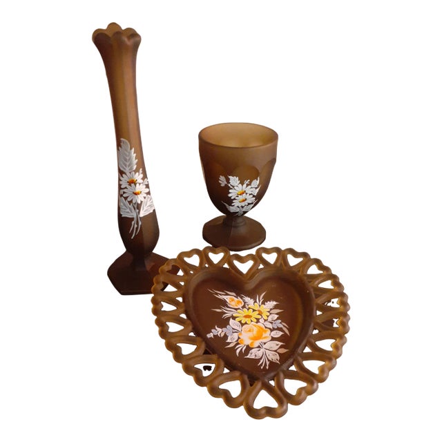 1970s Westmoreland Frosted Brown Satin Hand Painted Glass Set - 3 Pieces For Sale