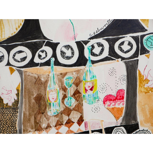 Charles Pebworth "Female Nudes" Pink, Blue, Yellow, and Black Abstract Modern Figurative Drawing, 20th Century For Sale - Image 4 of 12