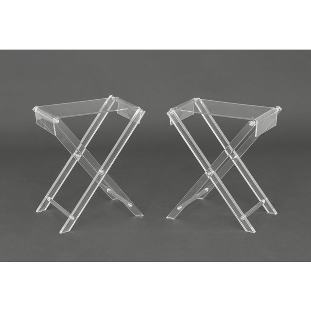 Pair of Spisani Italian Clear Acrylic Folding Side Tables, each with x-form base and removable tray top with "Spisani /...
