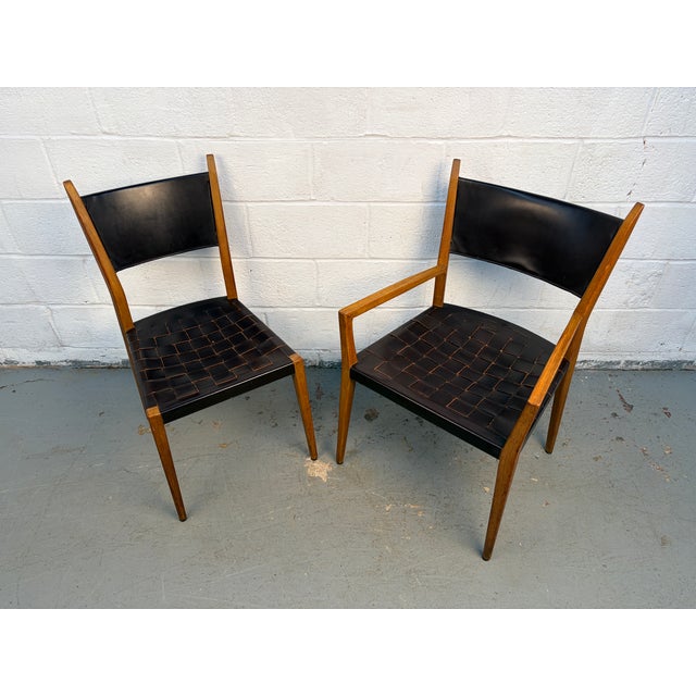 Directional Mid 20th Century Attributed to Paul McCobb for Directional Irwin Collection Woven Leather Dinning Chairs For Sale - Image 4 of 14