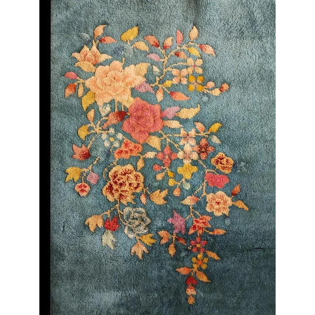 Beautiful Ink Blue Color With Lovely Floral Design Antique Chinese Art Deco Rug For Sale - Image 4 of 6