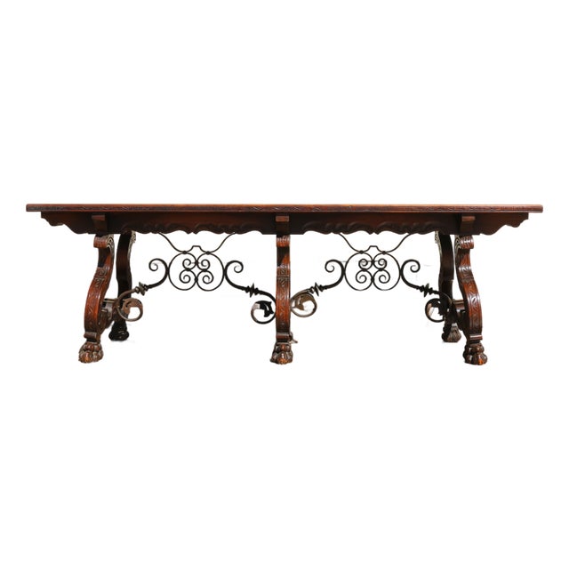 Spanish Baroque Revival Rosewood & Walnut Trestle Dining Table, Circa 1930s For Sale