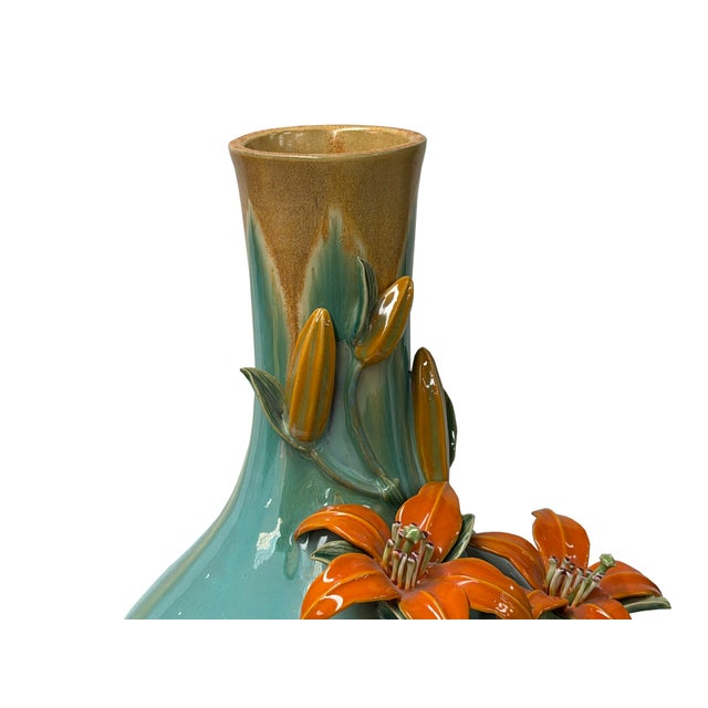 Turquoise Teal Bulbous Round Body Orange Dimensional Lily Flower Art Vase For Sale - Image 11 of 15