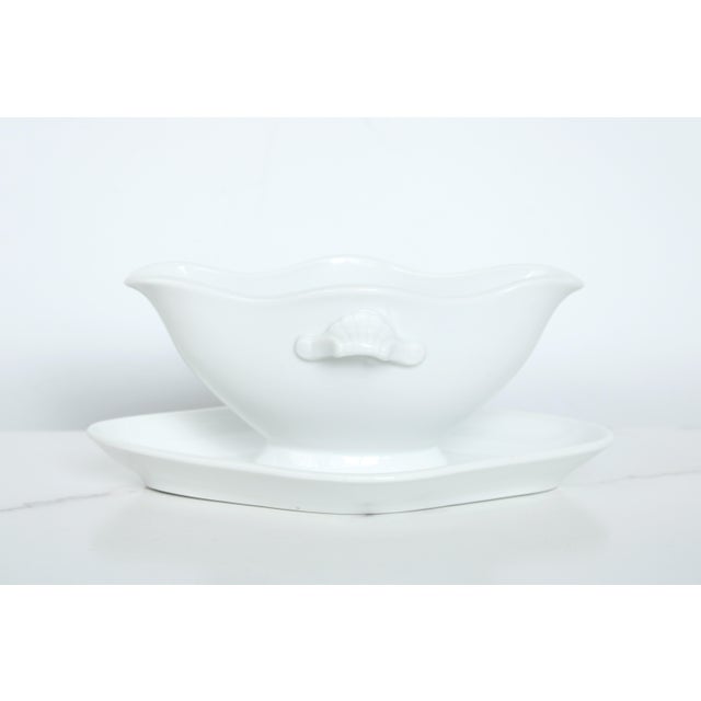 1850-1899 French ironstone gravy/sauce serving bowl with attached drip saucer. Handmade of porcelain or earthenware. WE...
