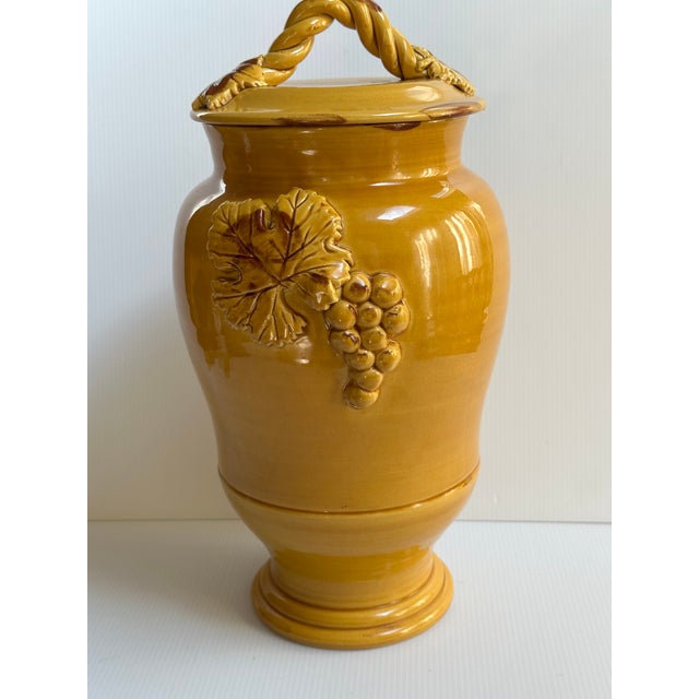 1980s Arte Italica "Sole Mustard" Collection Ceramic 15" Tall Yellow Jar With Lid Greaps and Leaves Design Made in Italy For Sale - Image 14 of 18