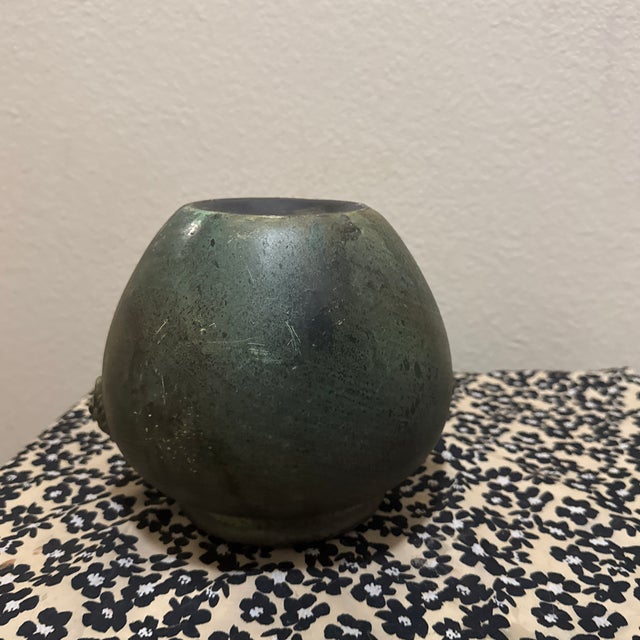 Teal Antique Bronze-Inspired Ceramic Vase – Weathered Patina Vase With Lion Crest For Sale - Image 8 of 10
