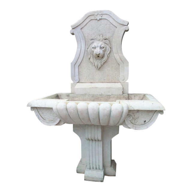 Italian Carved White Marble 3-Piece Wall Fountain With Lion Mascaron, 20th C. For Sale