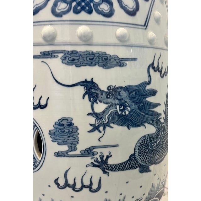 Mid 20th Century Blue & White Chinese Dragon Garden Stool Side Tables - A Pair For Sale - Image 11 of 15