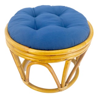 Round Mid Century Modern Blue Upholstery Ottoman Foot Stool Bench Pouf MINT! For Sale