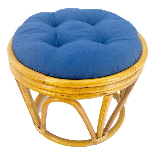 Round Mid Century Modern Blue Upholstery Ottoman Foot Stool Bench Pouf MINT! For Sale